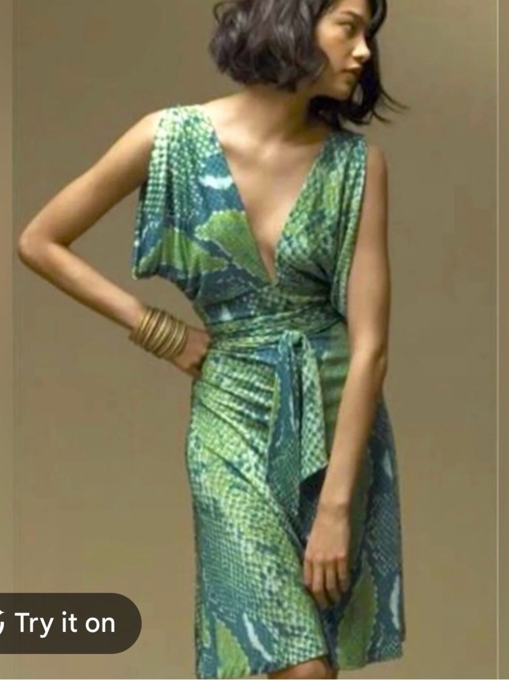 Diane Von Furstenberg Green and Teal Patterned Wrap Midi Dress